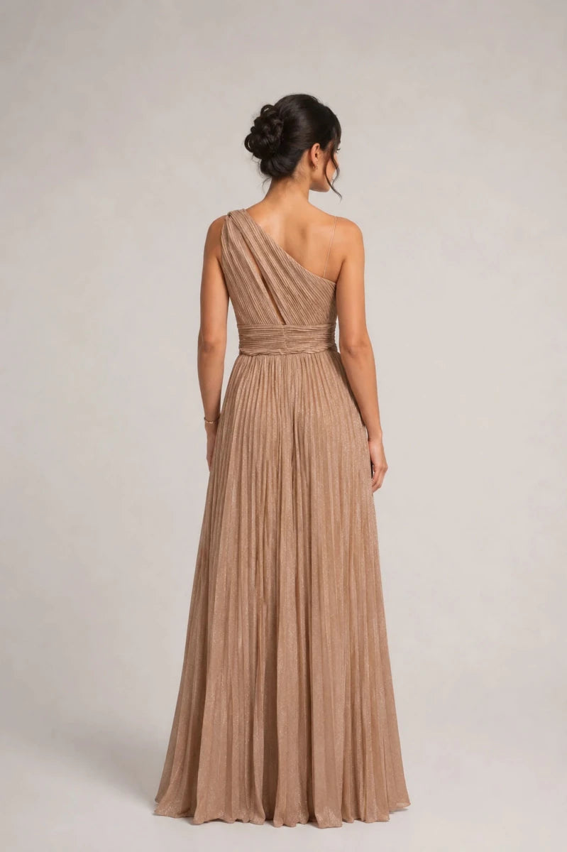 Pleated One-Shoulder Gown – Oro - ELLY