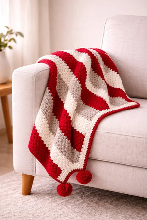 Pom - Pom Handmade Blanket – Red & Cream - ELLY