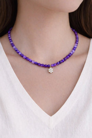 Purple Jade Beaded Necklace with Zircon Charm - ELLY