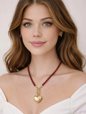Red Crystal Heart Pendant Necklace – Gold (ELLY) - ELLY
