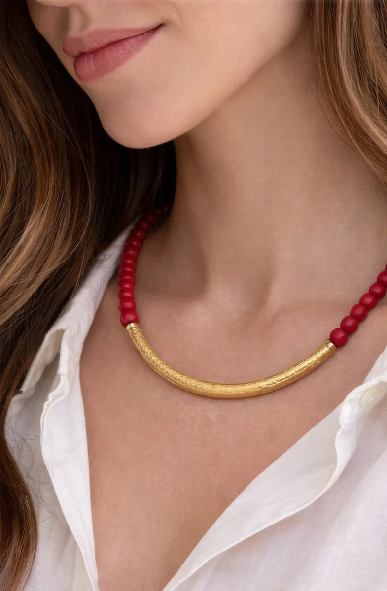 Red Volcano Stones Necklace in 18 Karat Gold - Plated Brass - ELLY