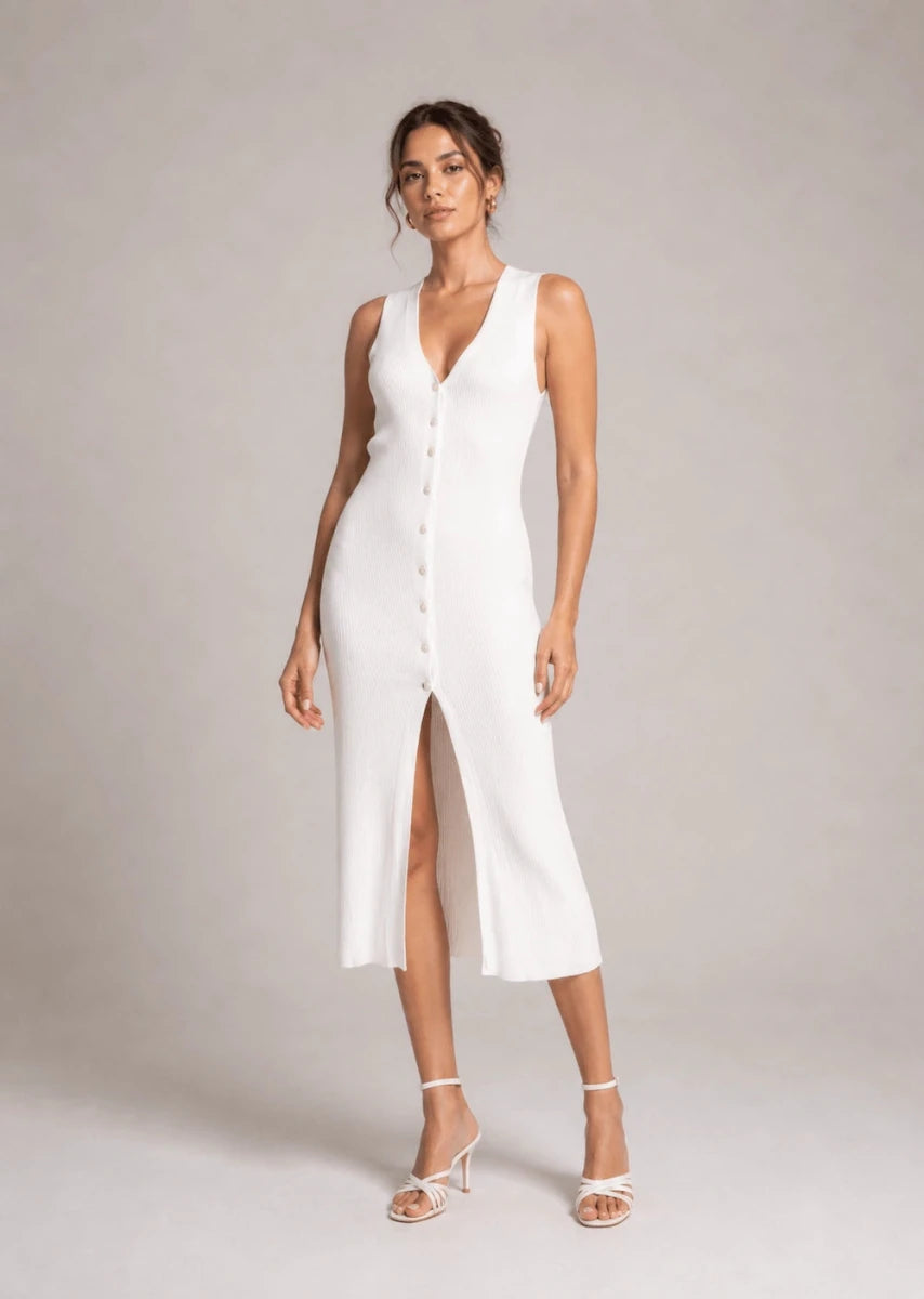 ribbed button down dress Midi Bianco | ELLY White / Large Qipao Bodycon Dress Blue Jean flares at the waist 尺寸:US 8