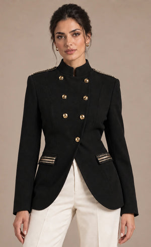 Roberta Black Gold-Button Blazer in Nero, closer product view showing the upper garment silhouette