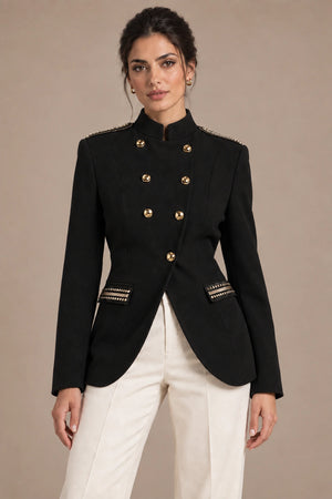 Roberta Black Gold-Button Blazer in Nero, full-length view on model showing the upper garment silhouette