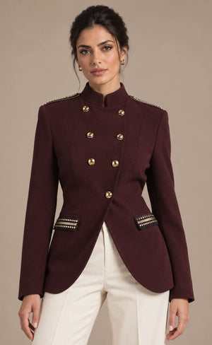 Roberta Bordeaux Gold-Button Blazer in Bordeaux, closer product view showing the upper garment silhouette