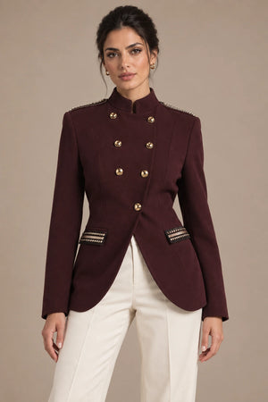 Roberta Bordeaux Gold-Button Blazer in Bordeaux, full-length view on model showing the upper garment silhouette