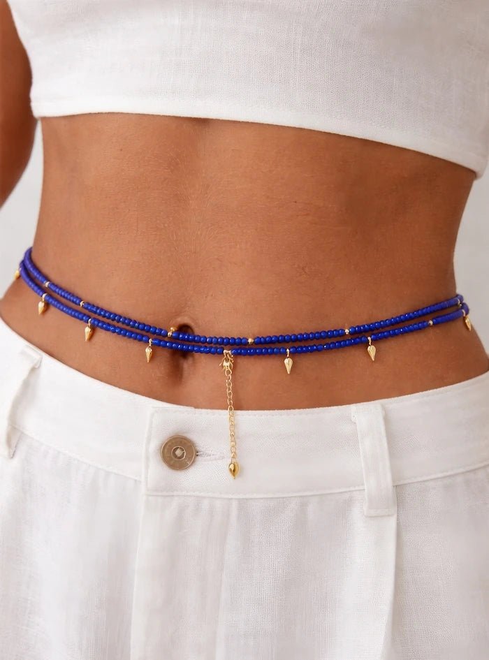 Royal Blue Beaded Convertible Necklace, Bracelet & Belt with Gold Charms - ELLY