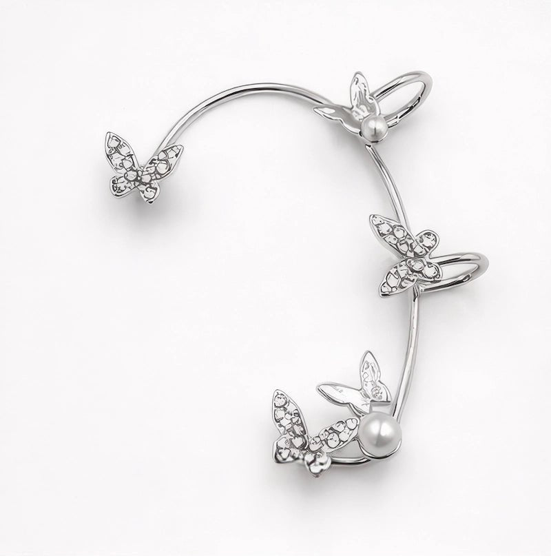 Silver Tone Butterfly Ear Cuff with Crystals & Pearls - ELLY