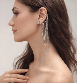 Silver Tone Ear Cuff & Crystal Stud Set with Chain Fringe - ELLY
