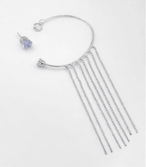 Silver Tone Ear Cuff & Crystal Stud Set with Chain Fringe - ELLY