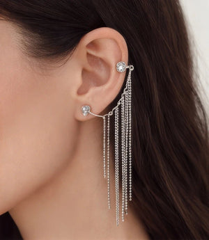 Silver Tone Ear Cuff & Crystal Stud Set with Chain Fringe - ELLY