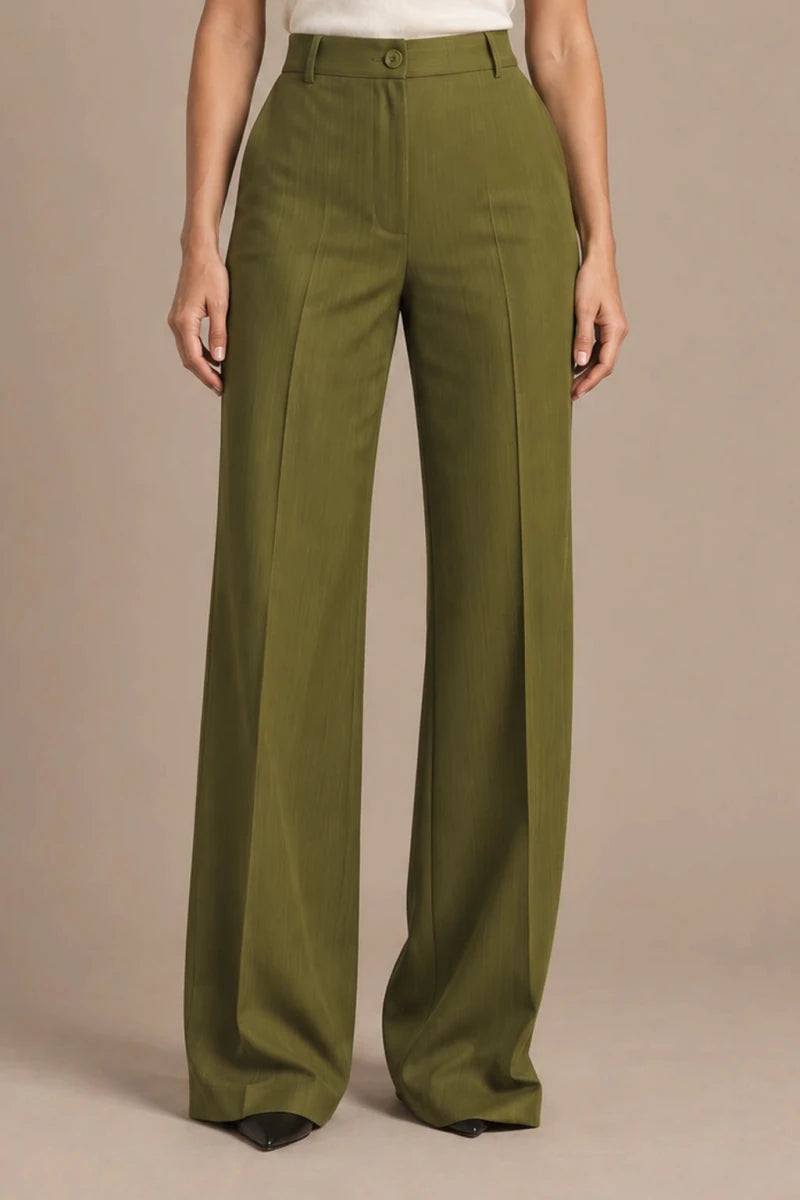 Stefy Olive Wide-Leg Trousers in Gessato Oliva, product-focused lower-body view emphasizing the pants