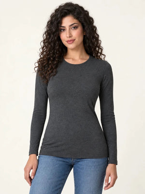 Dark mélange grey stretch-blend crew-neck long-sleeve top worn untucked with blue jeans, front view