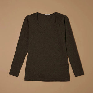 Dark mélange grey stretch-blend deep scoop-neck long-sleeve top laid flat, front view