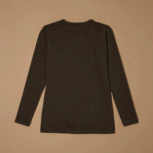 Dark mélange grey stretch-blend deep scoop-neck long-sleeve top laid flat, back view