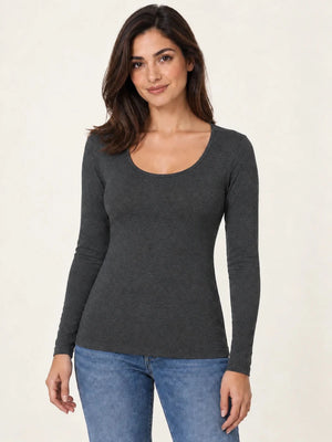 Dark mélange grey stretch-blend deep scoop-neck long-sleeve top worn untucked with blue jeans, front view