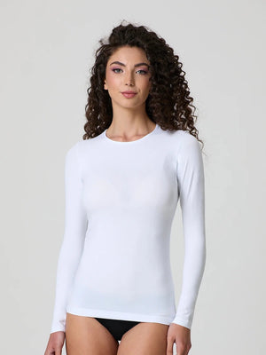 White stretch-cotton crew-neck long-sleeve top, fitted front view