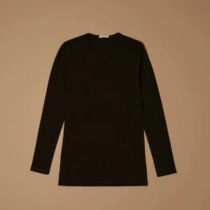 Black stretch-cotton crew-neck long-sleeve top laid flat, front view