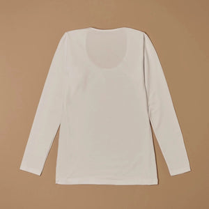 White stretch-cotton deep scoop-neck long-sleeve top laid flat, back view