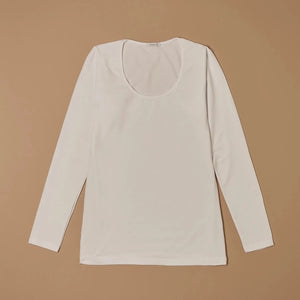 White stretch-cotton deep scoop-neck long-sleeve top laid flat, front view