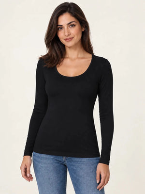 Black stretch-cotton deep scoop-neck long-sleeve top worn untucked with blue jeans, front view