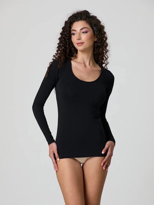 Black fitted stretch-cotton long-sleeve top with deep scoop neckline, three-quarter front view