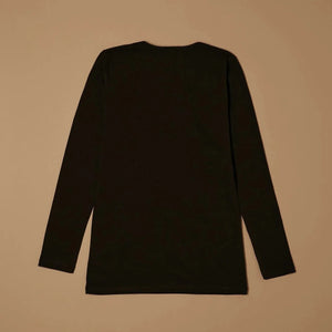 Black stretch-cotton deep scoop-neck long-sleeve top laid flat, back view