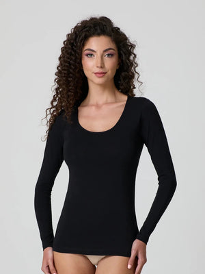 Black stretch-cotton deep scoop-neck long-sleeve top, fitted front view