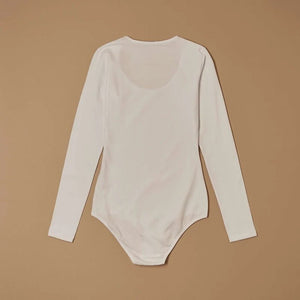 White stretch-cotton scoop-neck long-sleeve bodysuit laid flat, back view
