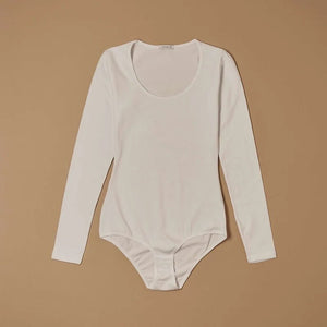 White stretch-cotton scoop-neck long-sleeve bodysuit laid flat, front view