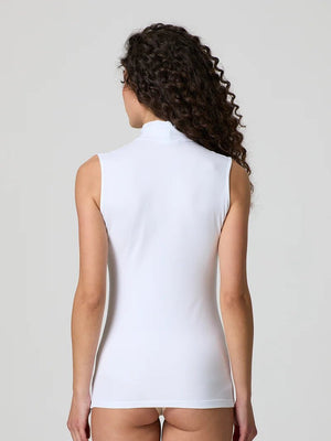 White stretch-cotton sleeveless mock-neck top, fitted back view