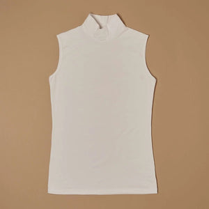 White stretch-cotton sleeveless mock-neck top laid flat, front view
