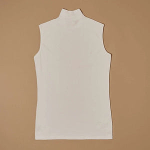 White stretch-cotton sleeveless mock-neck top laid flat, back view