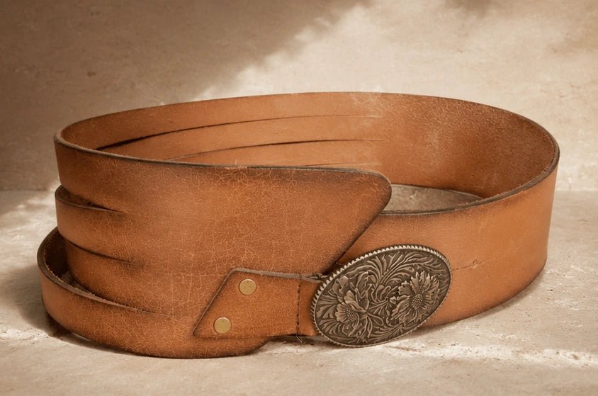 Tan Corset - Style Leather Belt with Engraved Statement Buckle - ELLY