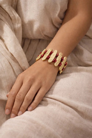 Textured Gold & Coral Stone Statement Bracelet - ELLY