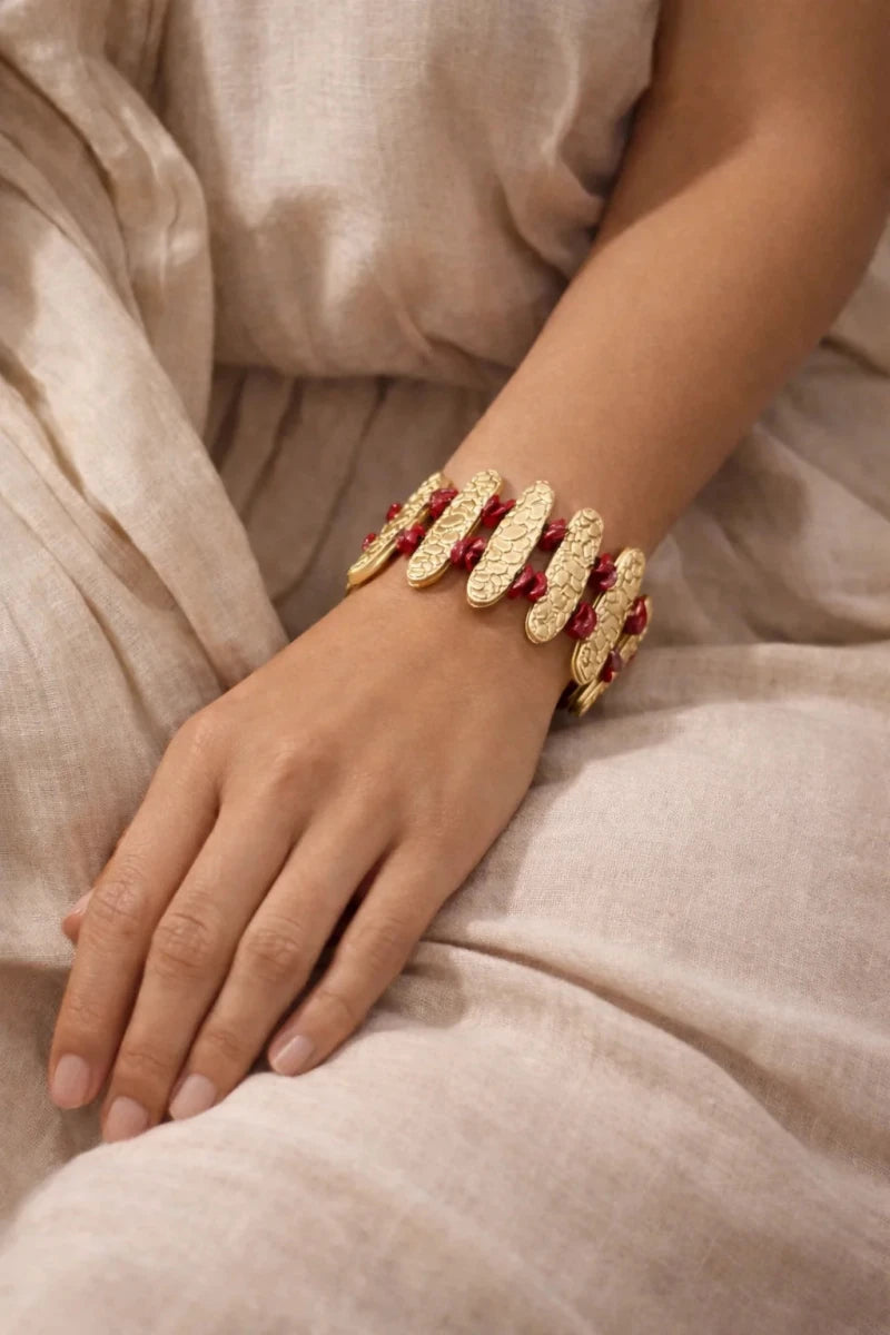 Textured Gold & Coral Stone Statement Bracelet - ELLY