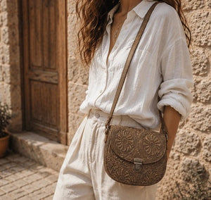 Tooled Floral Leather Crossbody Bag – Tan Brown - ELLY
