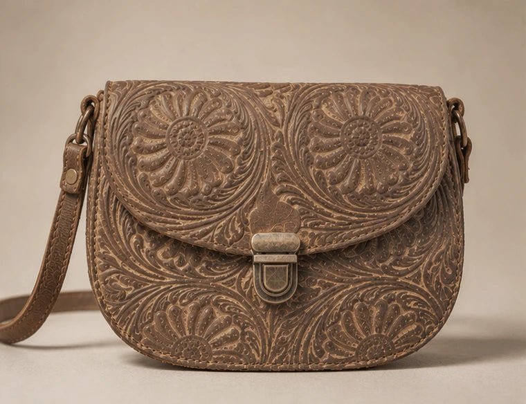 Tooled Floral Leather Crossbody Bag – Tan Brown - ELLY