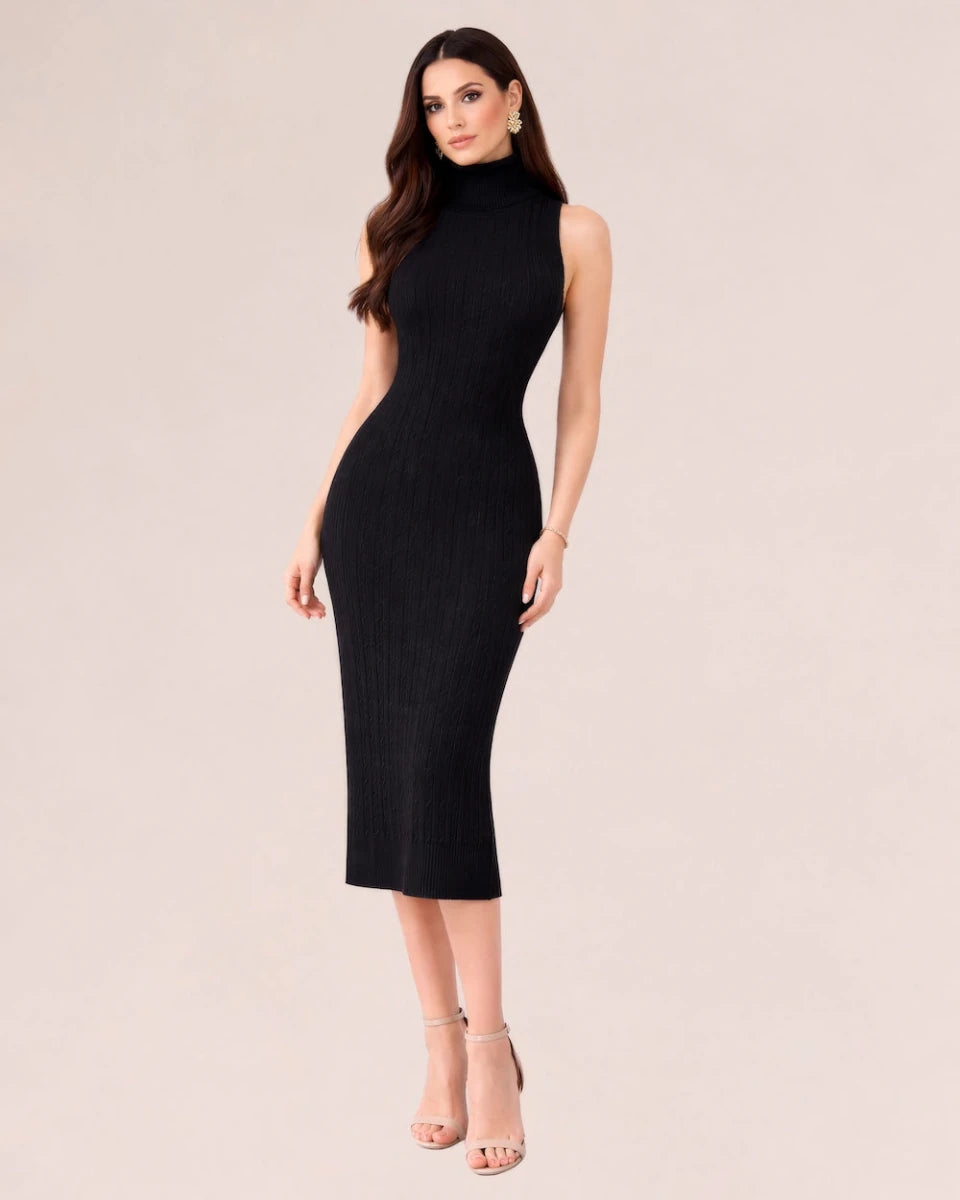 turtleneck knit midi dress Treccia Turtleneck Knit Dress | ELLY Black / Small