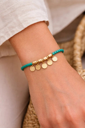 Turquoise Beaded Bracelet with 18 Karat Gold - Plated Coin Charms - ELLY