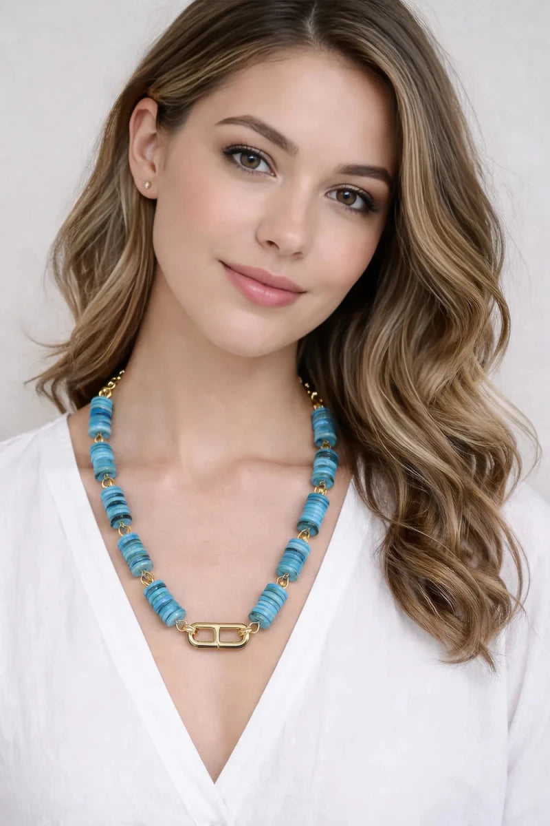 Turquoise Blue Nacre Stone Necklace – Gold Plated - ELLY