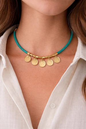 Turquoise Coin Charm Beaded Necklace - ELLY