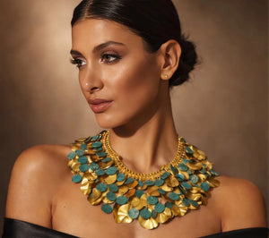 Turquoise Coin & Gold Leaf Statement Necklace - ELLY