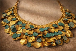 Turquoise Coin & Gold Leaf Statement Necklace - ELLY