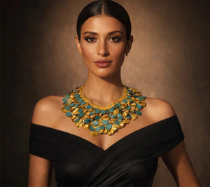 Turquoise Coin & Gold Leaf Statement Necklace - ELLY