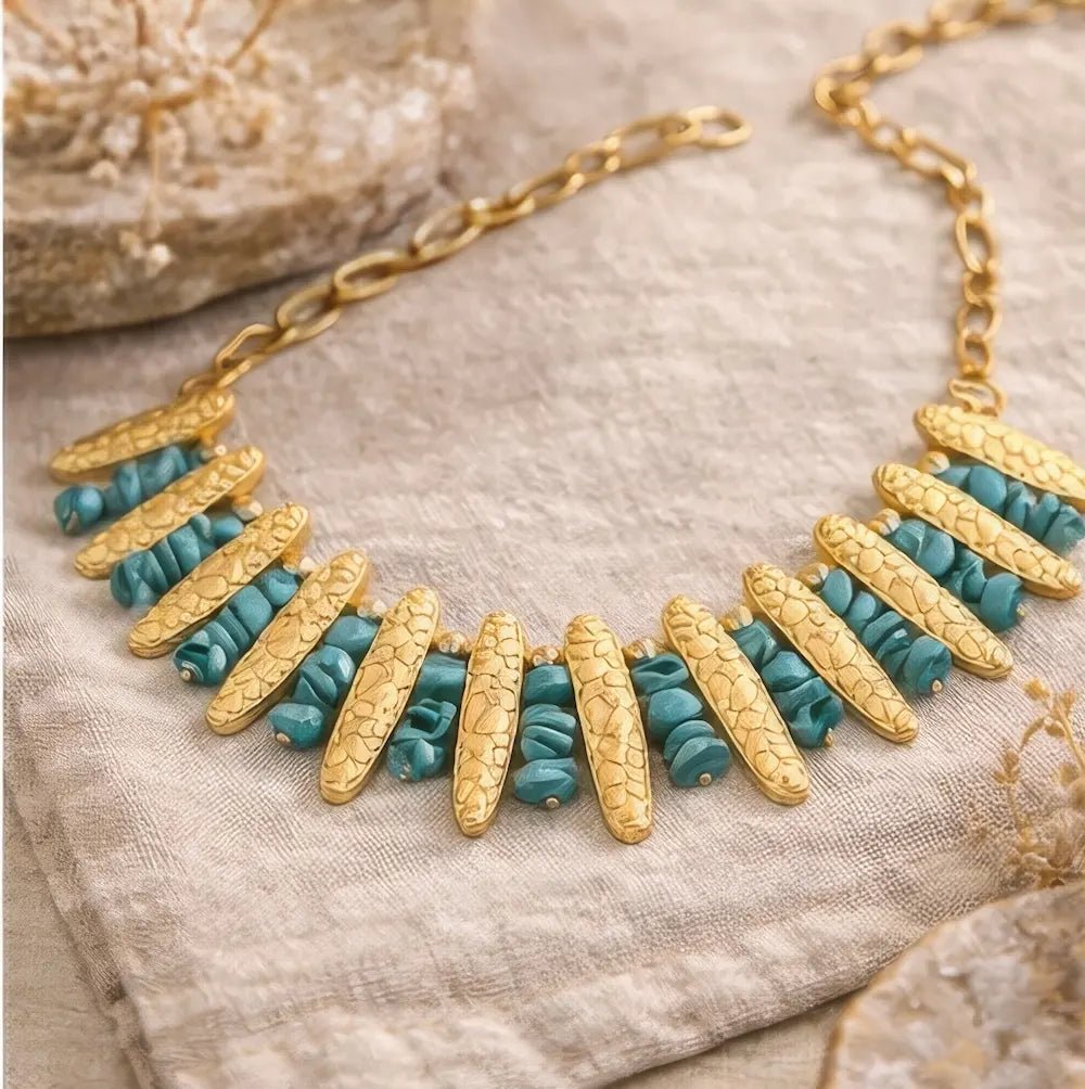 Turquoise & Textured Gold Statement Necklace - ELLY