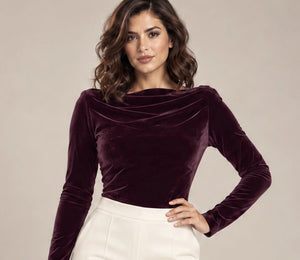 Vela velvet draped-neck bodysuit in Bordeaux, full view, Made in Italy