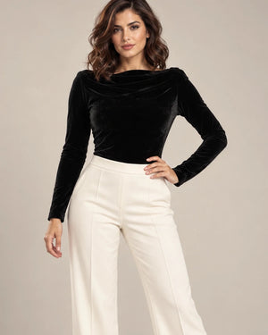 Vela velvet draped-neck bodysuit in Nero, close-up view, Made in Italy