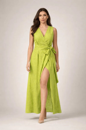 Verdant Elegance Green Linen Wrap Maxi Dress - ELLY