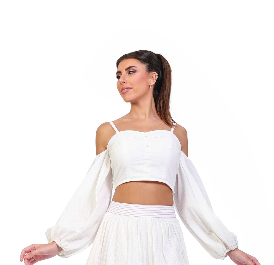 White Stonewashed Linen Balloon Sleeve Top - ELLY